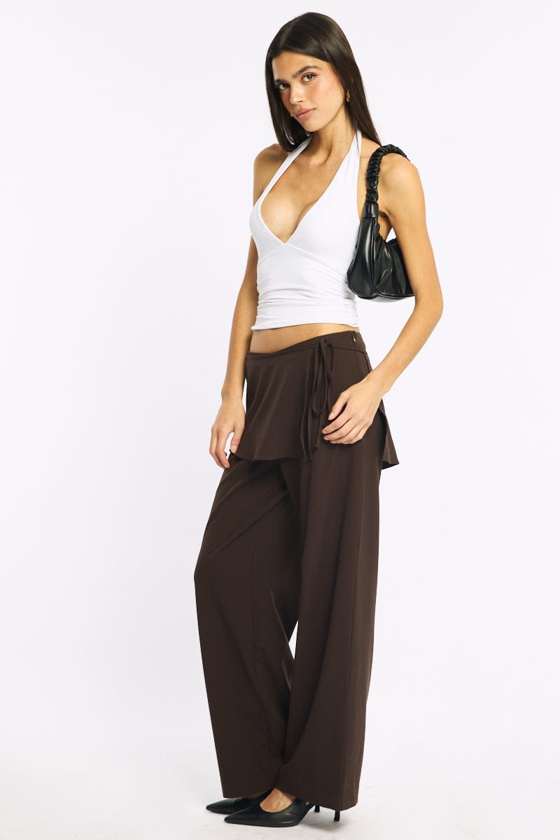 Brown Tie Detail Wrap Pants for Ally Fashion