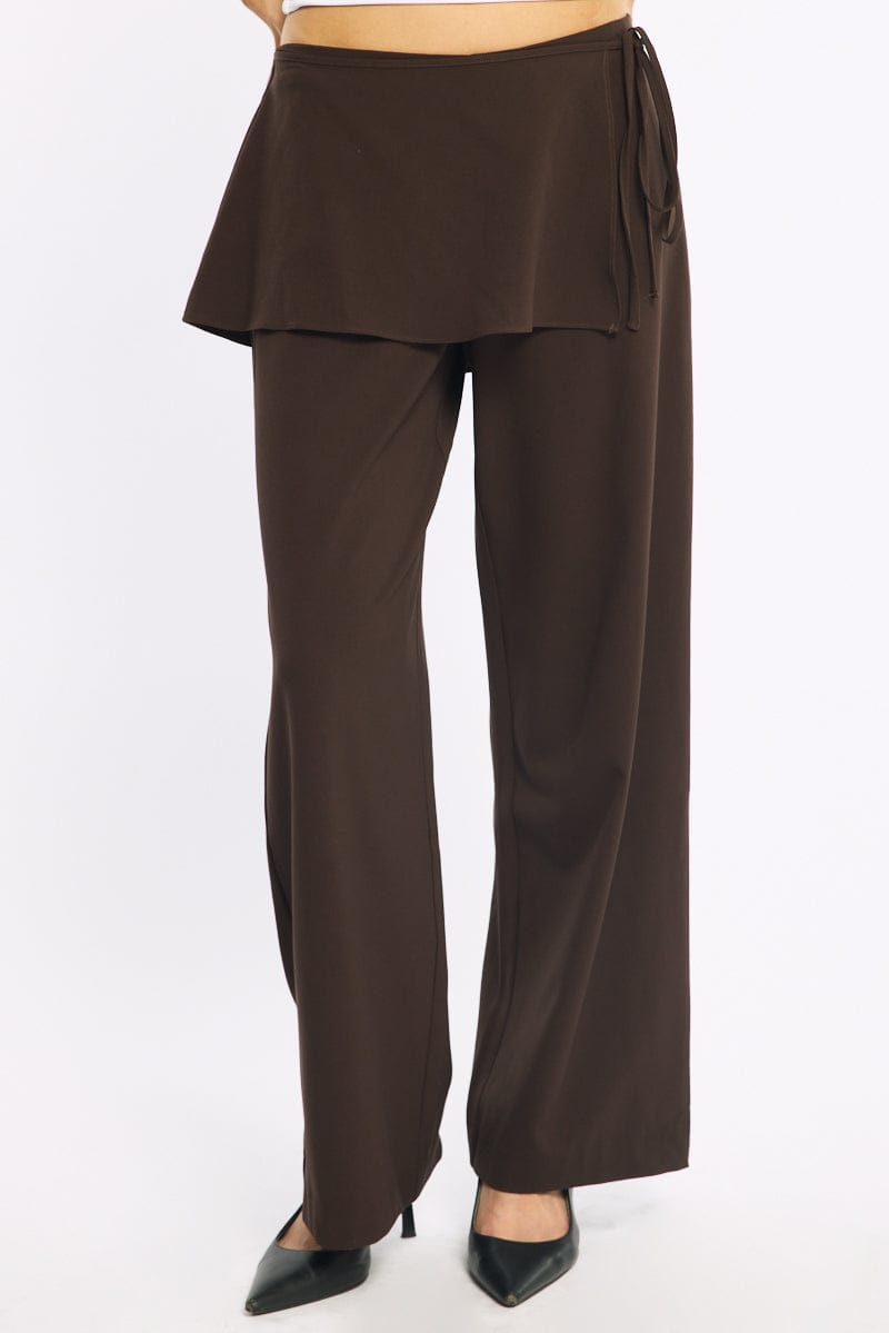 Brown Tie Detail Wrap Pants for Ally Fashion