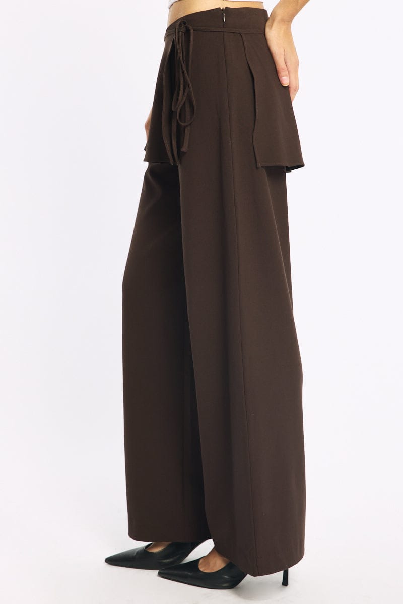 Brown Tie Detail Wrap Pants for Ally Fashion