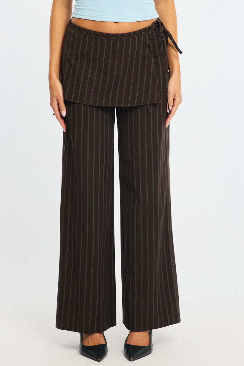 Brown Stripe Tie Detail Wrap Pants for Ally Fashion