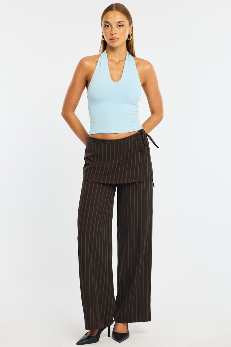 Brown Stripe Tie Detail Wrap Pants for Ally Fashion