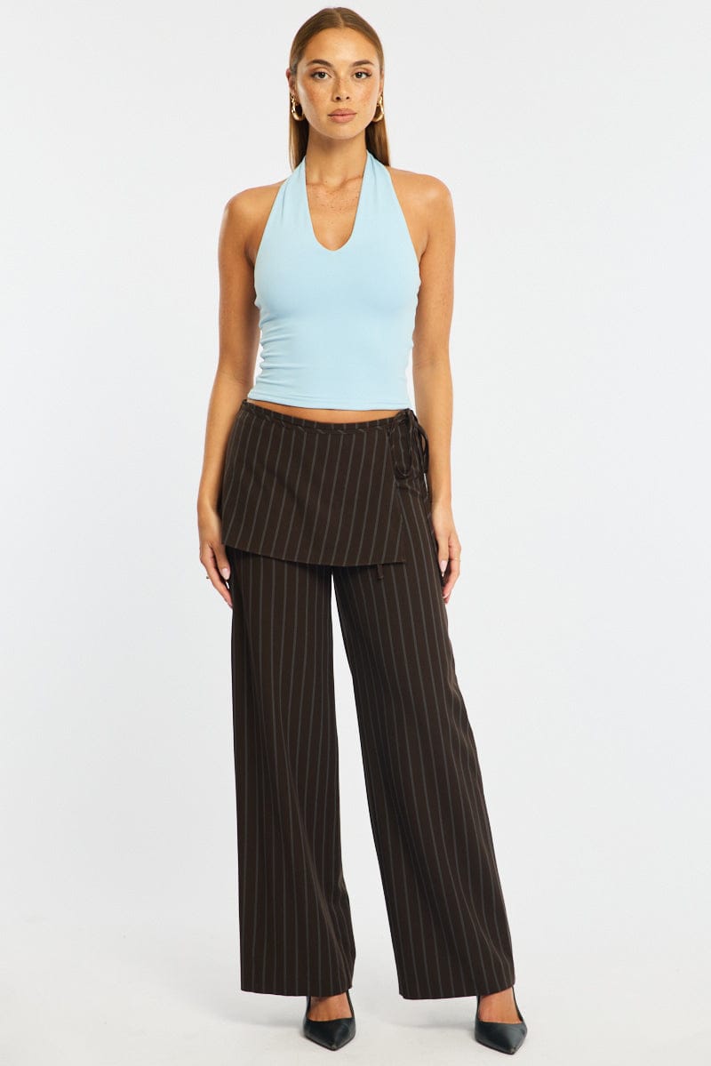Brown Stripe Tie Detail Wrap Pants for Ally Fashion