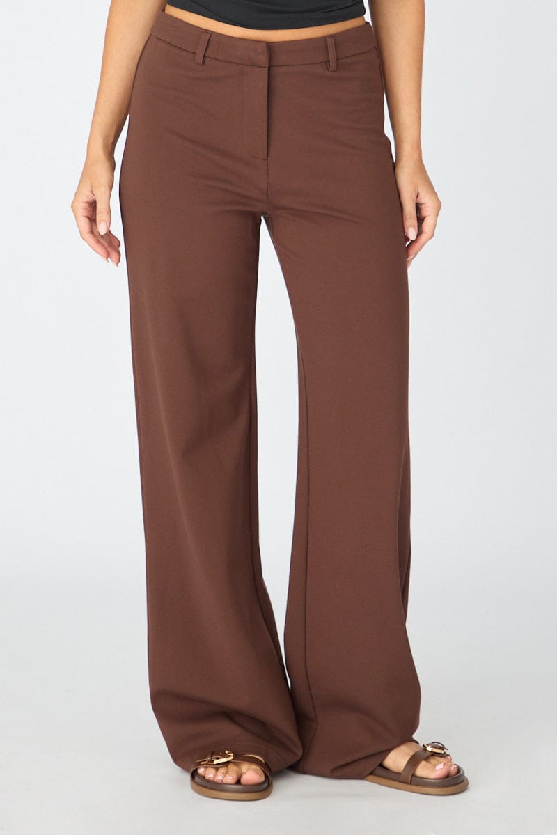 Brown Straight Leg Pants Ponte for Ally Fashion