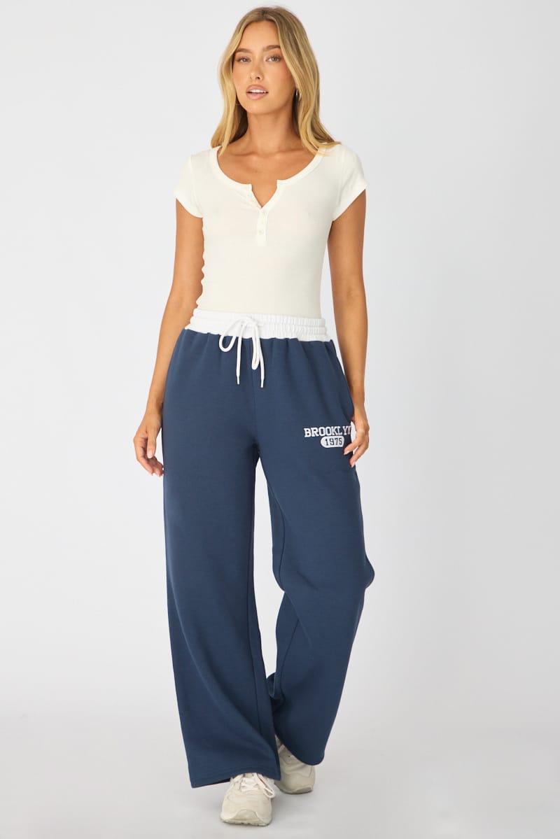 Blue Track Pants Contrast Waist for Ally Fashion