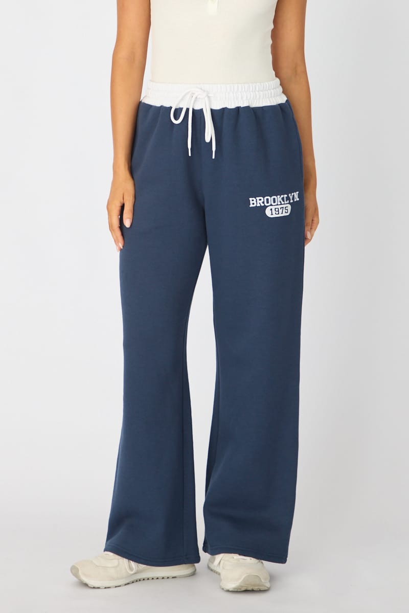 Blue Track Pants Contrast Waist for Ally Fashion