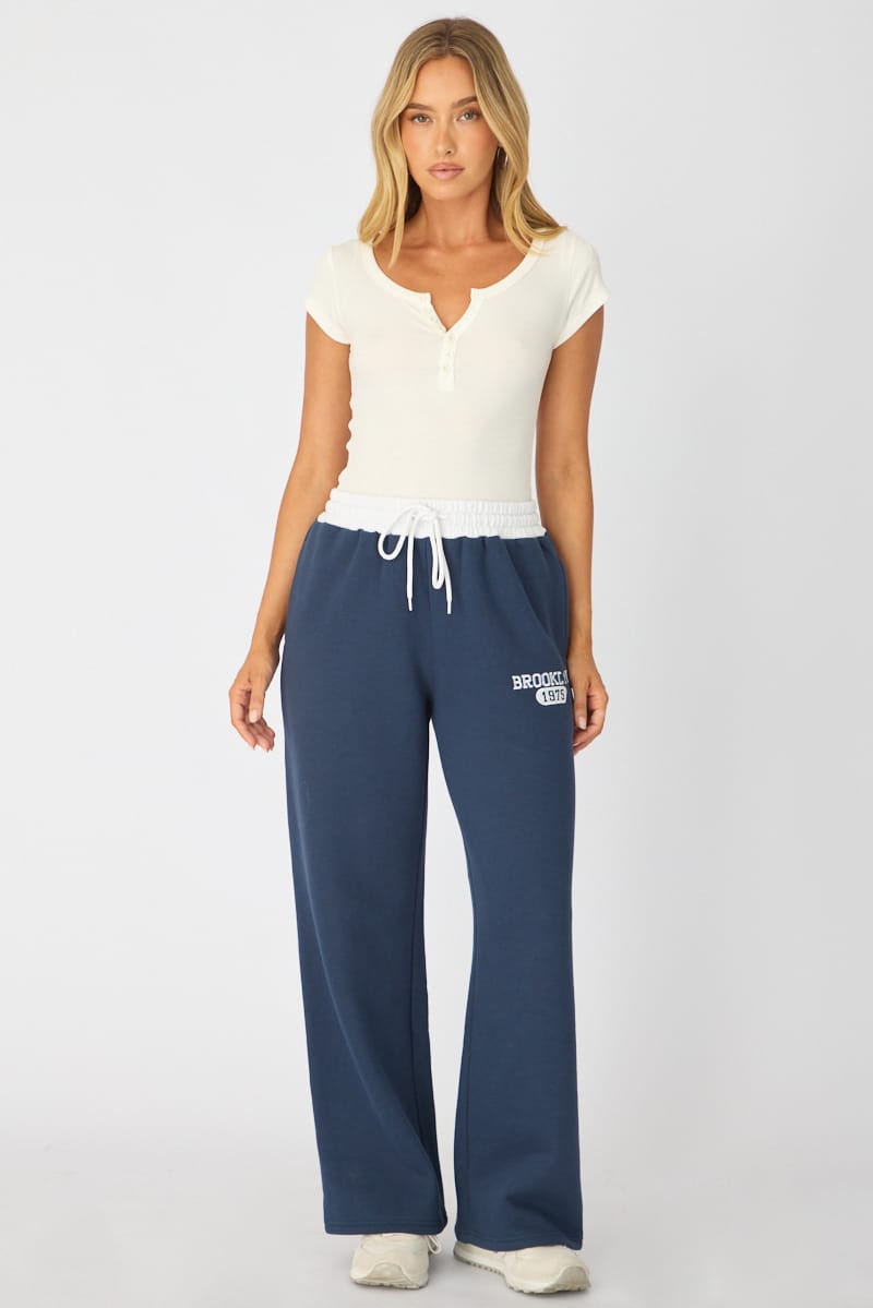 Blue Track Pants Contrast Waist for Ally Fashion