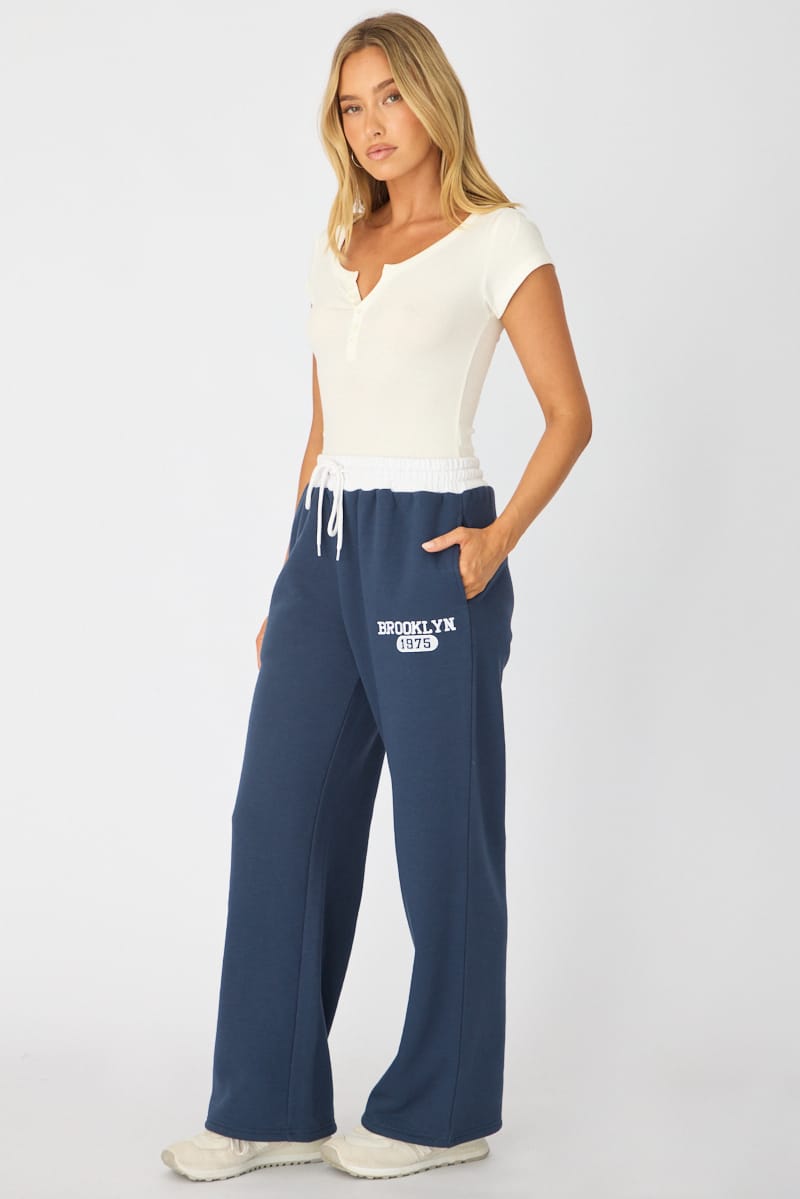 Blue Track Pants Contrast Waist for Ally Fashion