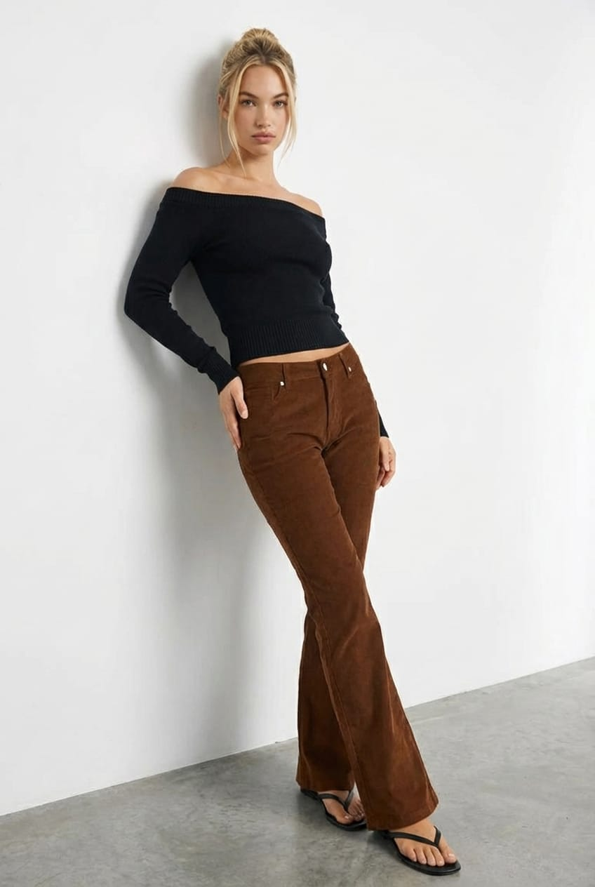 Brown Flare Leg Pants Corduroy for Ally Fashion