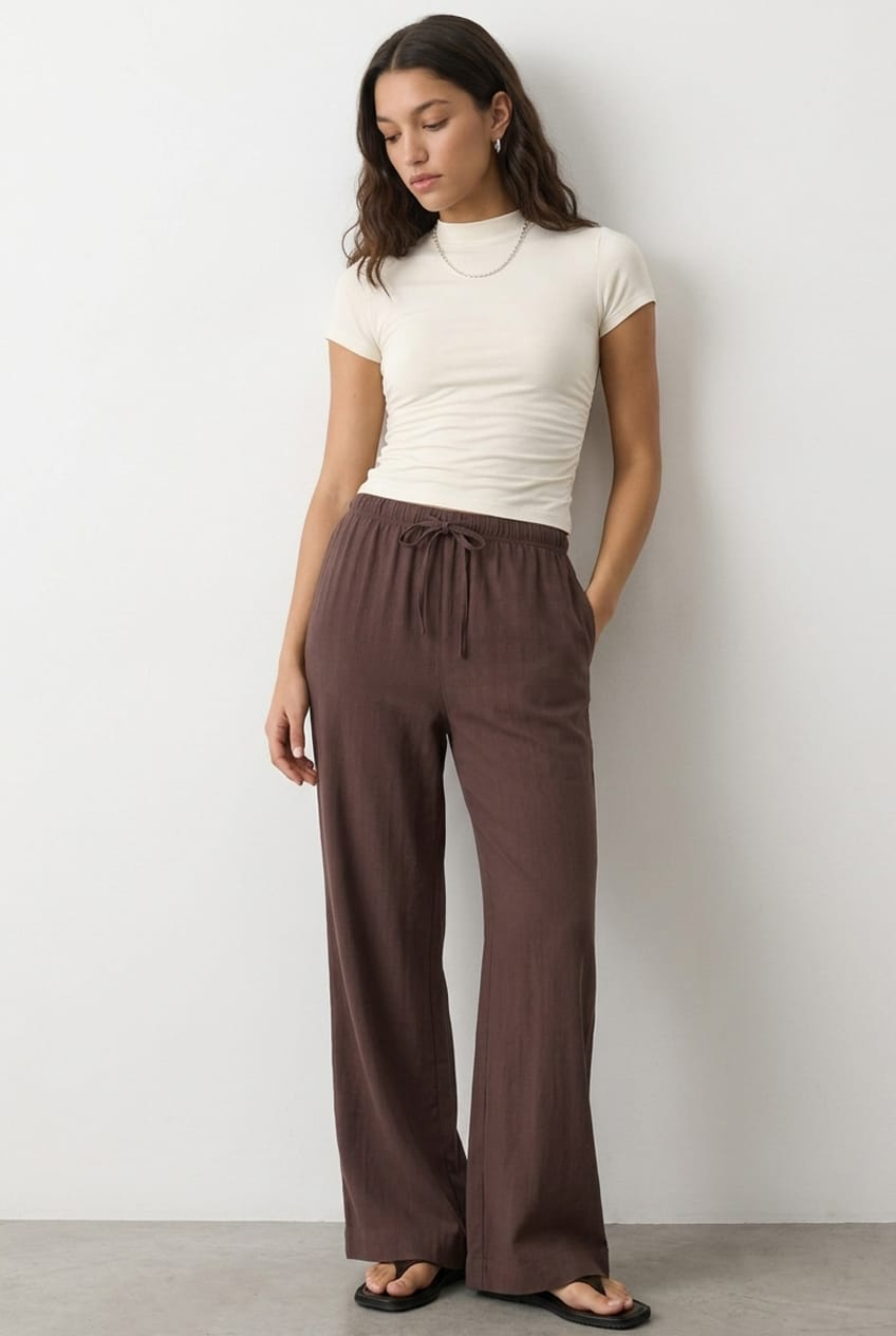 Brown Wide Leg Pants Elasticated Waist for Ally Fashion