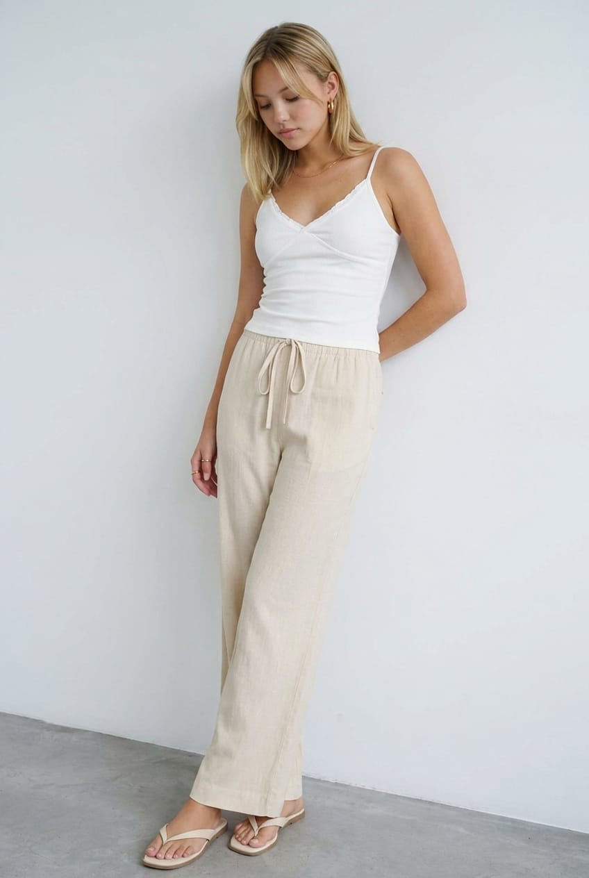 Beige Wide Leg Pants Elasticated Waist for Ally Fashion