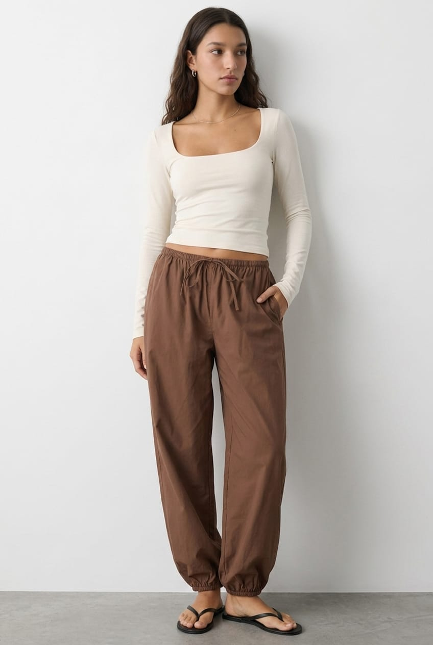 Brown Balloon Leg Pants Mid Rise for Ally Fashion
