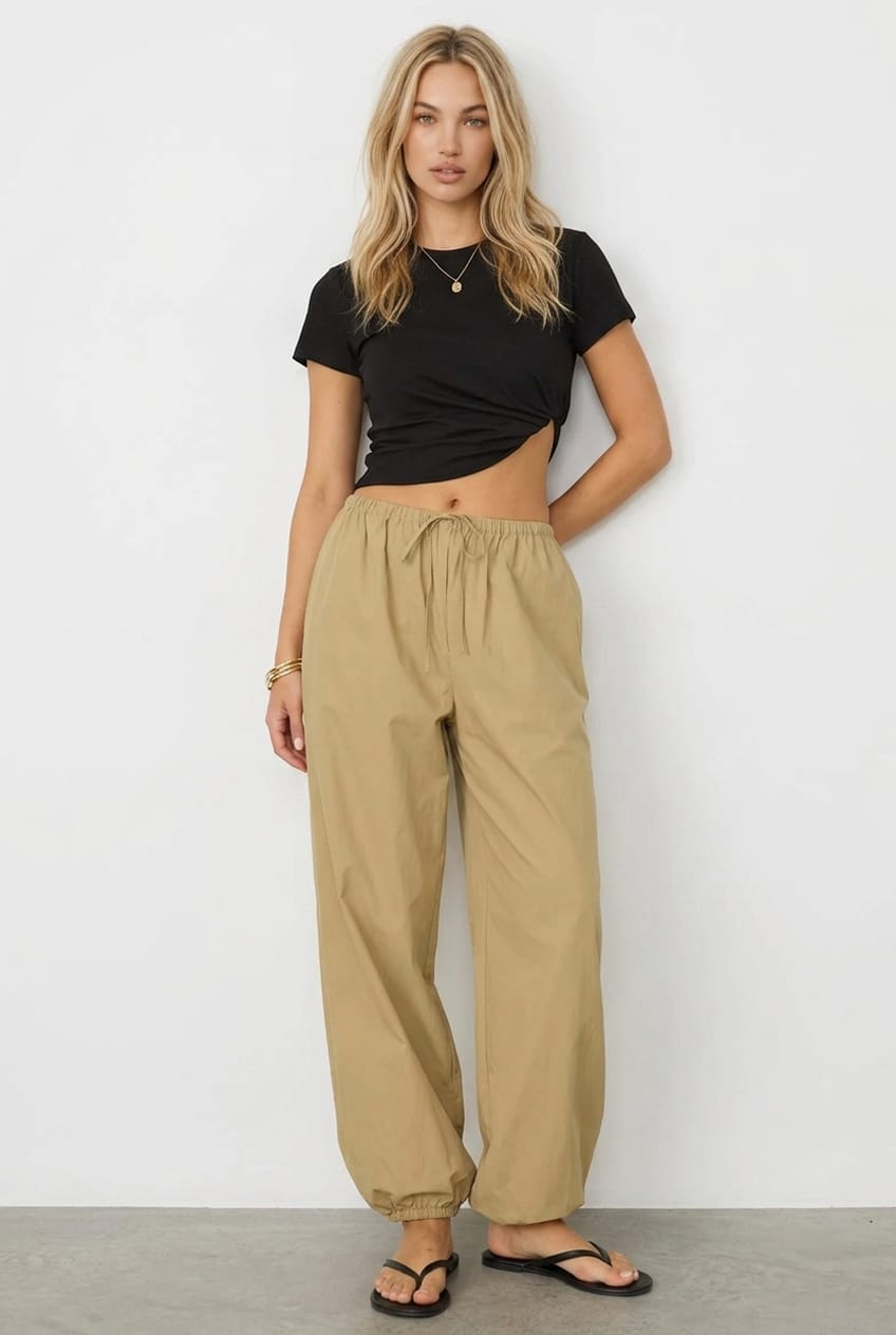 Beige Balloon Leg Pants Mid Rise for Ally Fashion