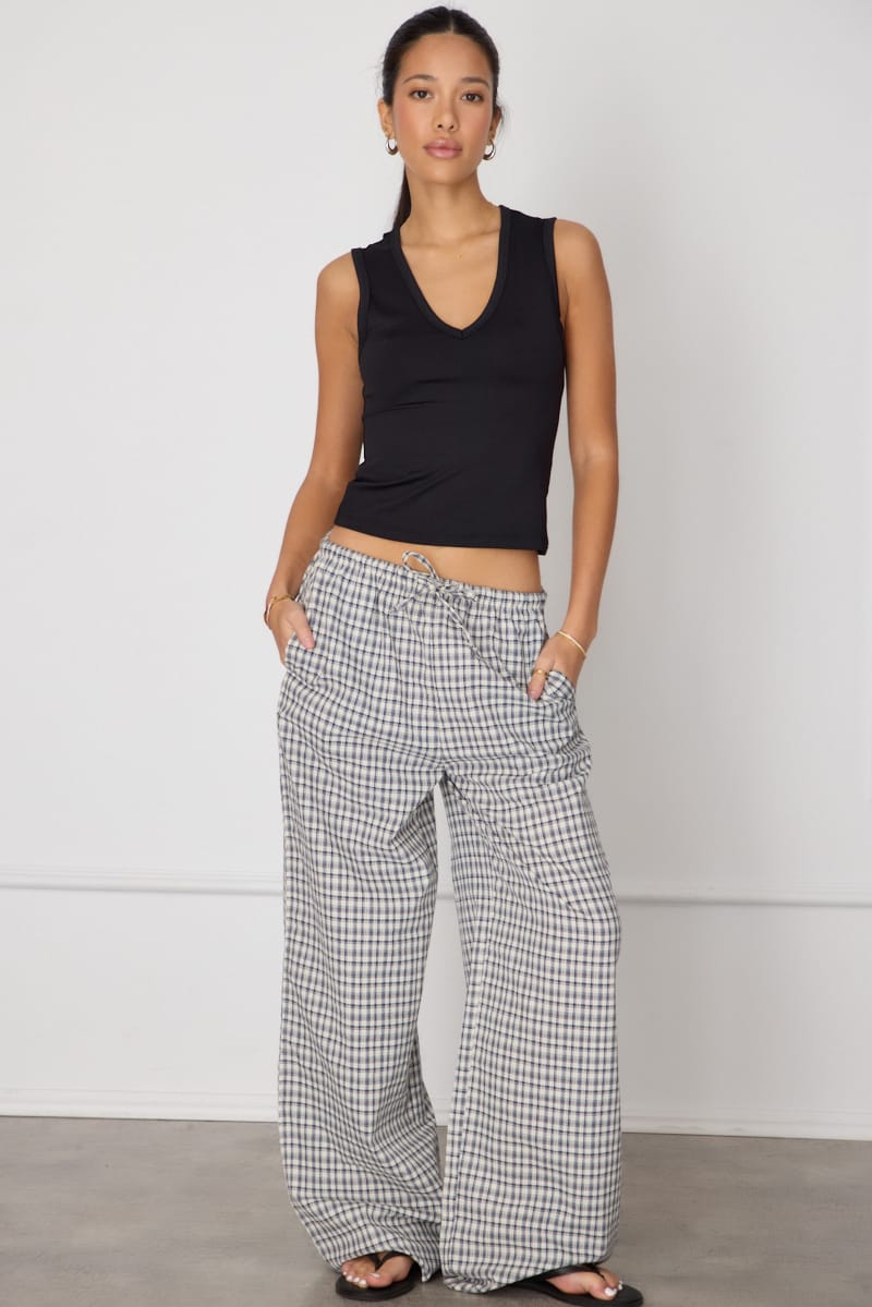 Blue Check Wide Leg Pants Elasticated Waist for Ally Fashion