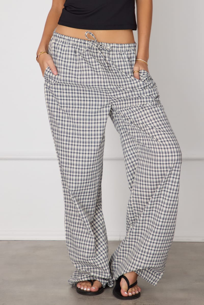 Blue Check Wide Leg Pants Elasticated Waist for Ally Fashion
