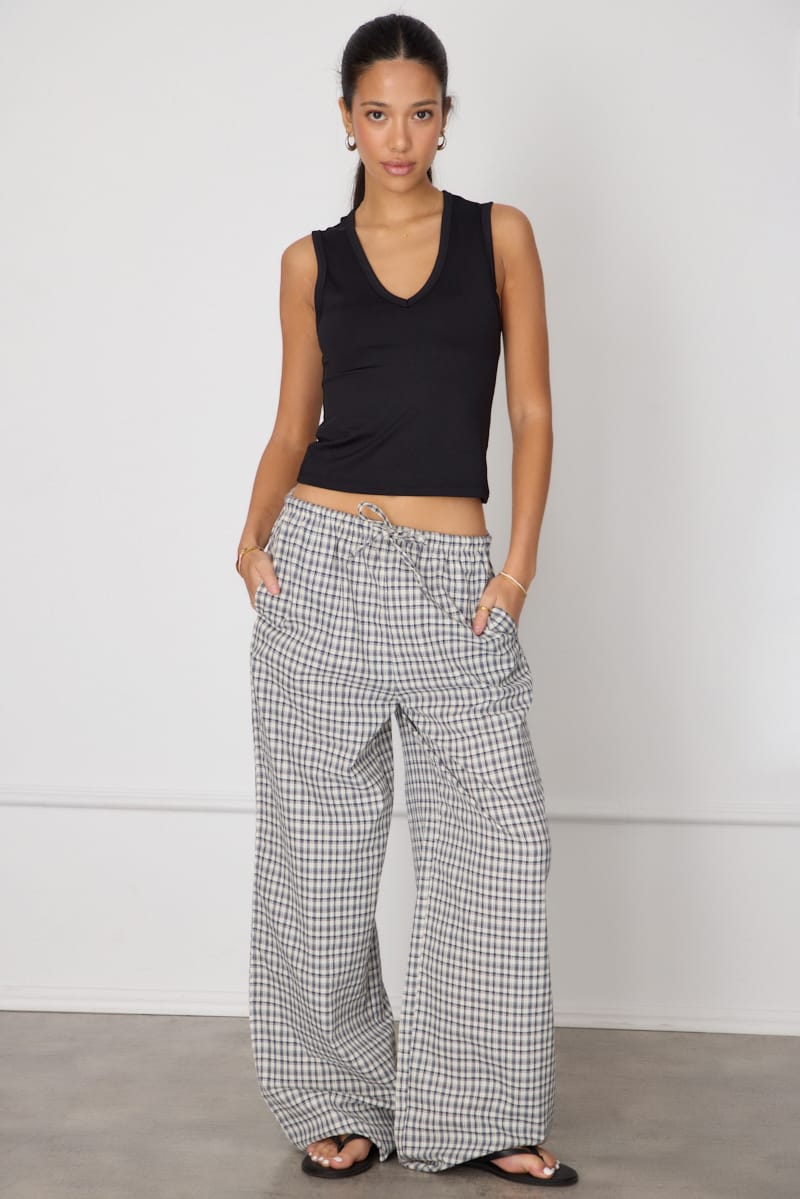 Blue Check Wide Leg Pants Elasticated Waist for Ally Fashion