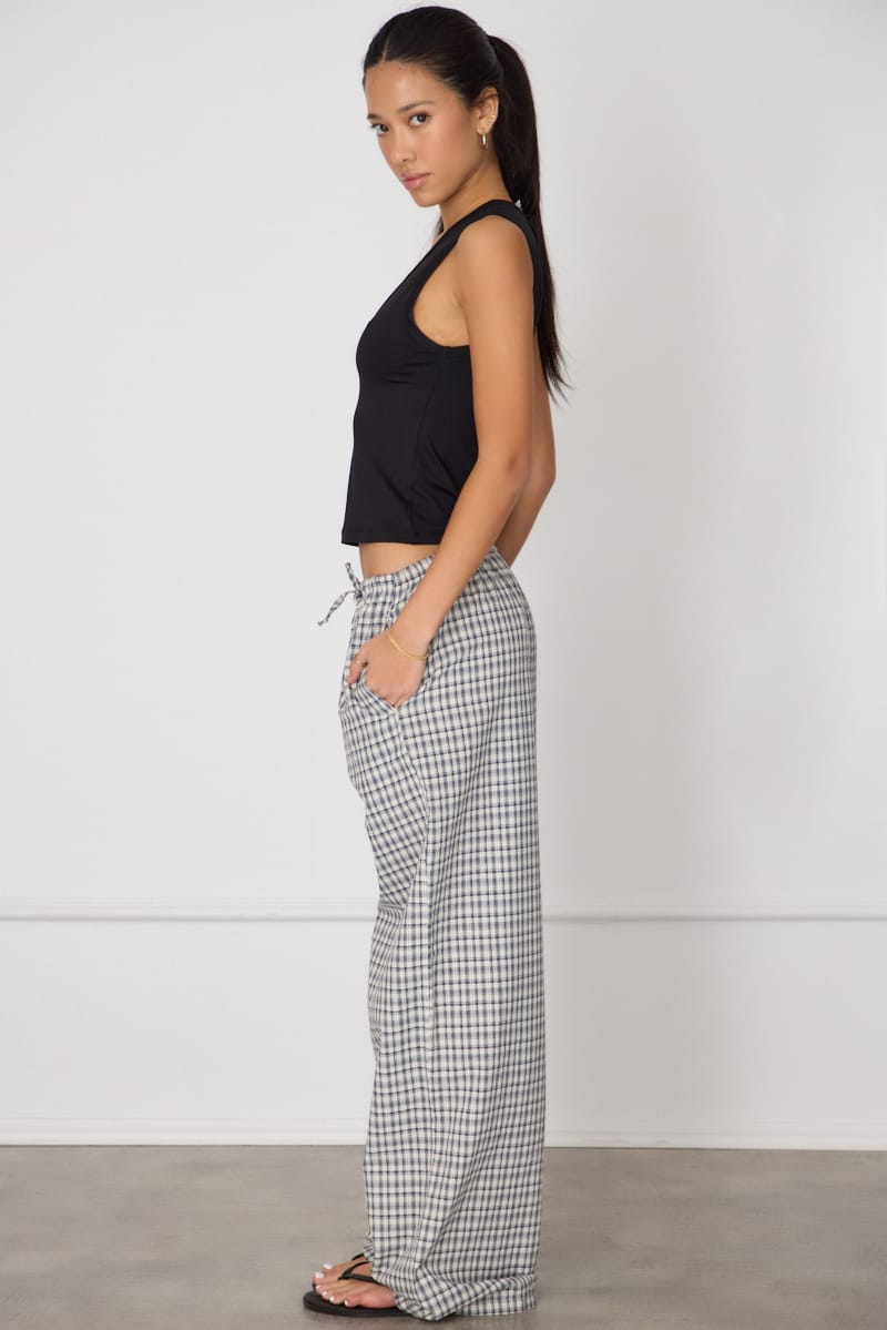 Blue Check Wide Leg Pants Elasticated Waist for Ally Fashion