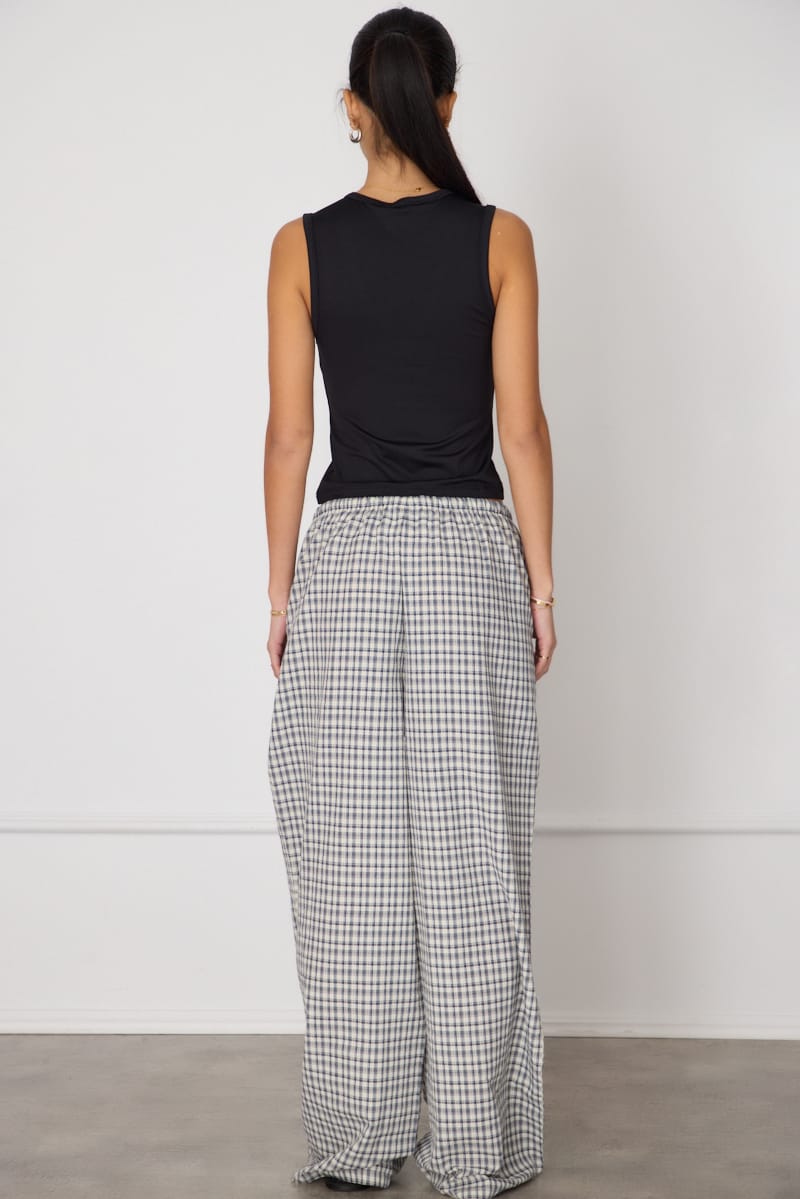 Blue Check Wide Leg Pants Elasticated Waist for Ally Fashion