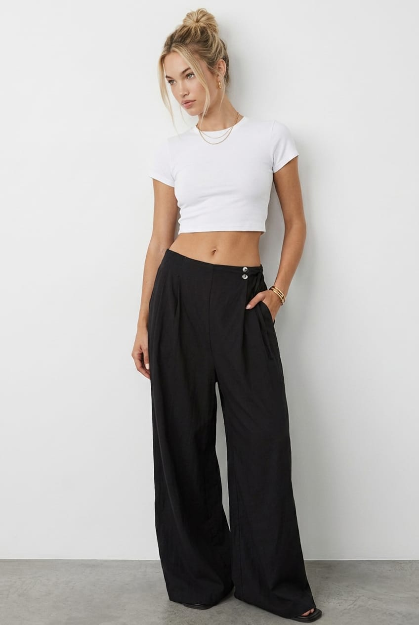 Black Wide Leg Pants Side Tie for Ally Fashion
