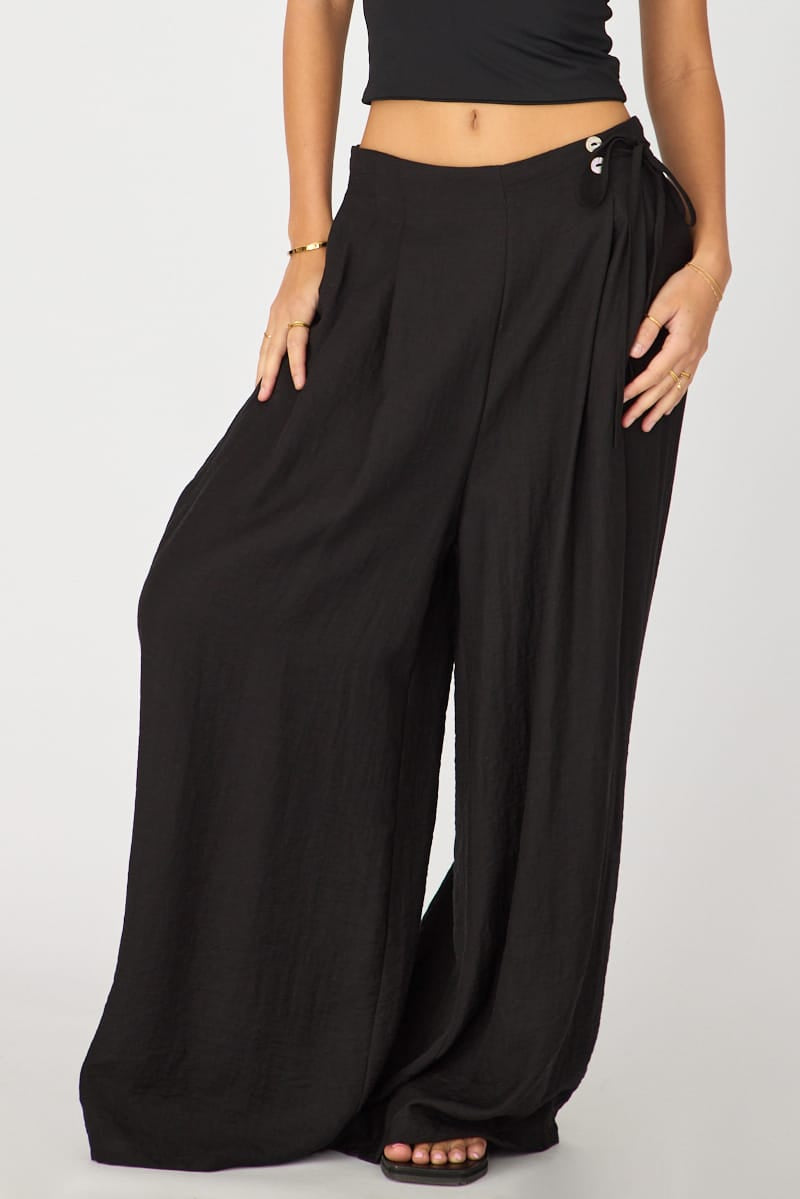 Black Wide Leg Pants Side Tie for Ally Fashion