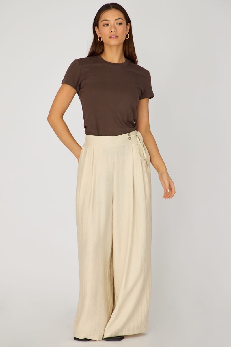 Beige Wide Leg Pants Side Tie for Ally Fashion