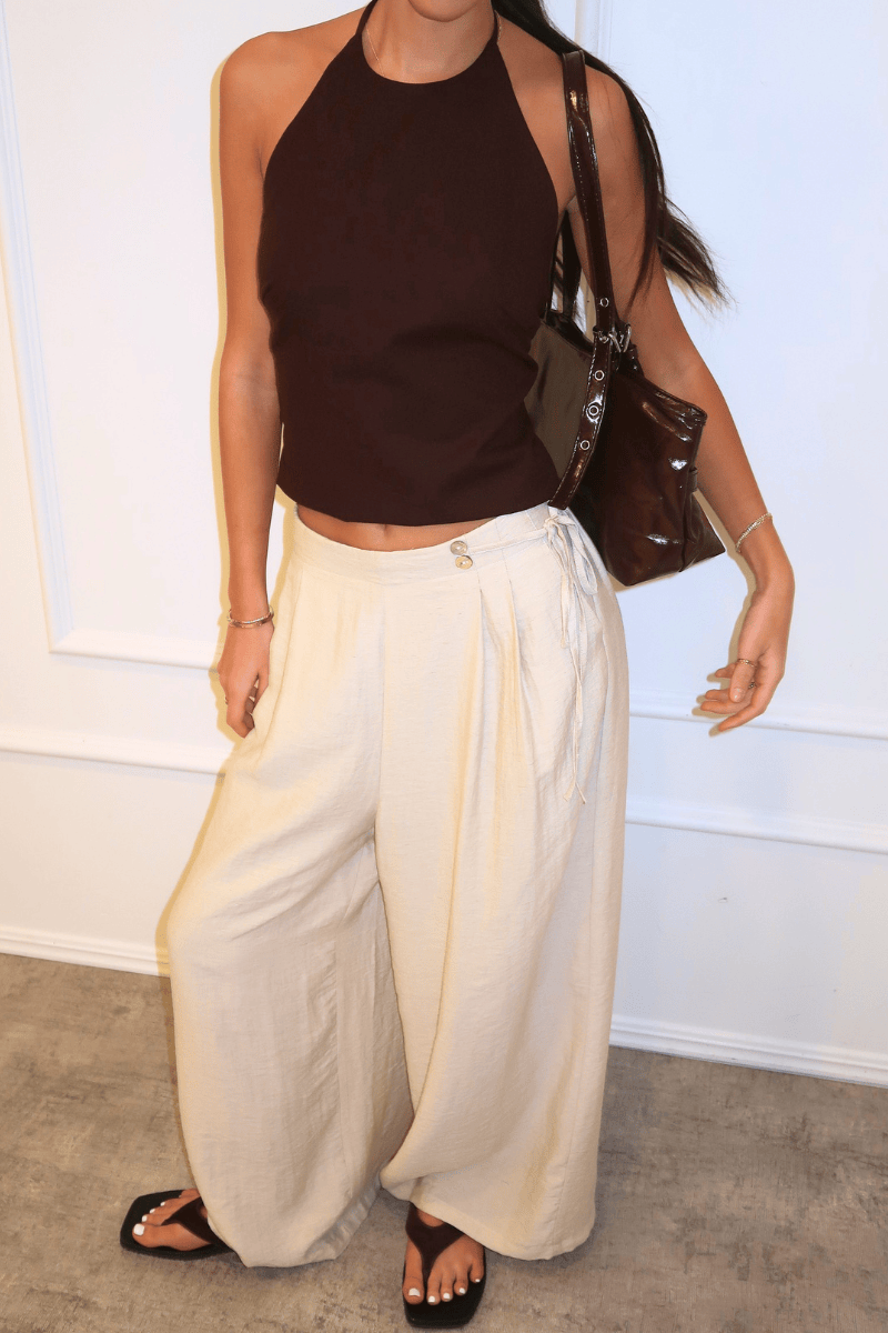 Beige Wide Leg Pants Side Tie for Ally Fashion