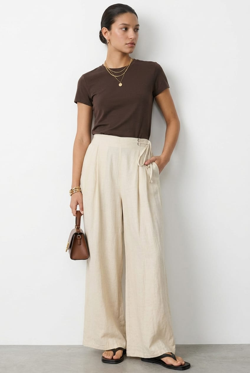 Beige Wide Leg Pants Side Tie for Ally Fashion