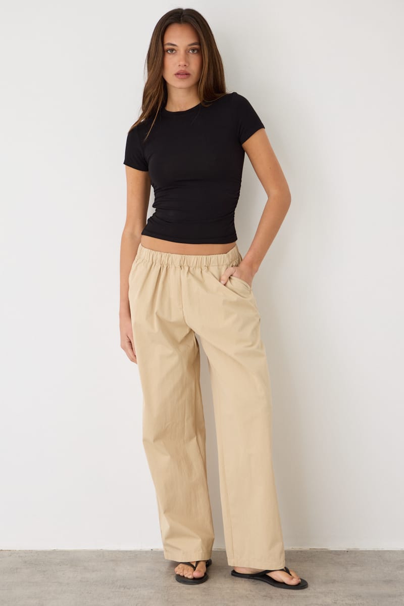 Beige Wide Leg Pants Mid Rise Elastic Waist for Ally Fashion