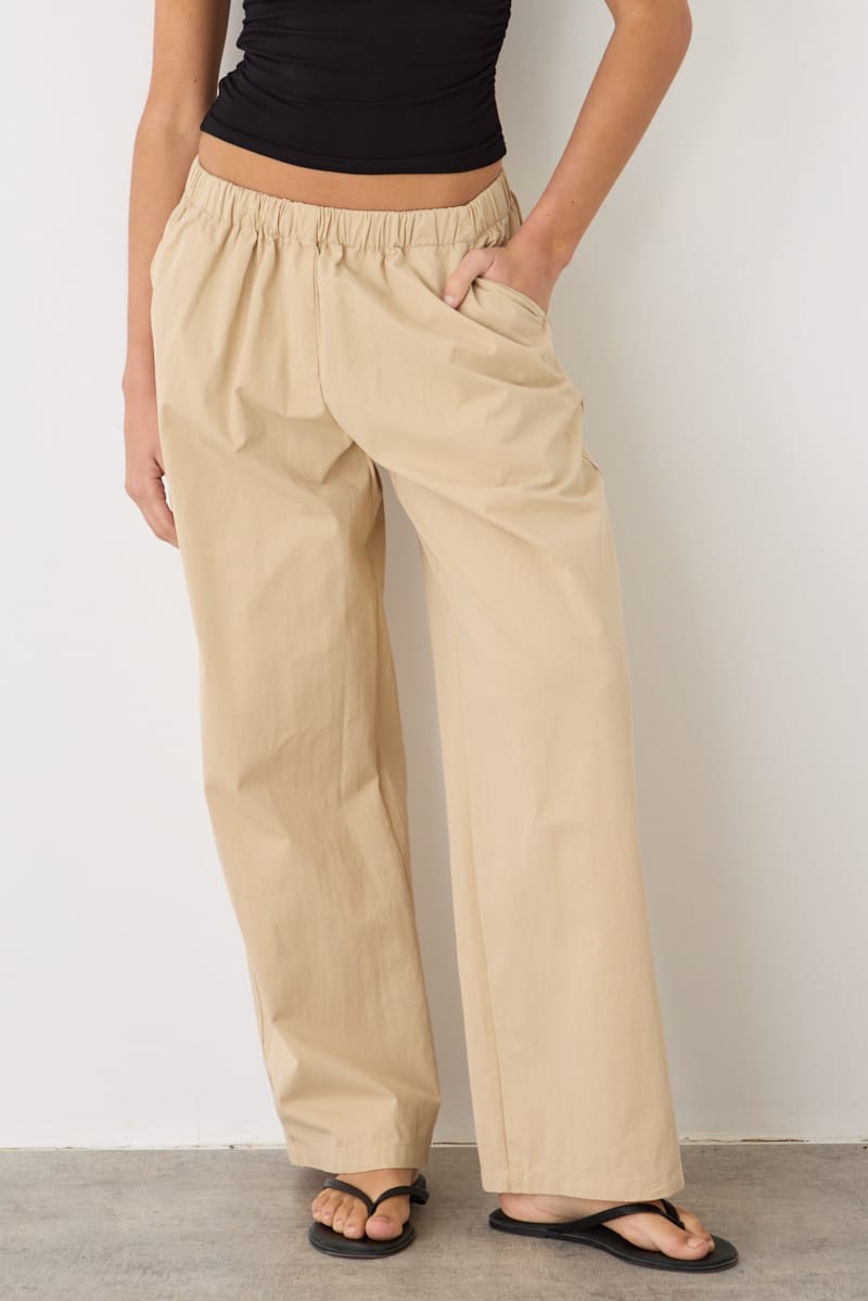 Beige Wide Leg Pants Mid Rise Elastic Waist for Ally Fashion