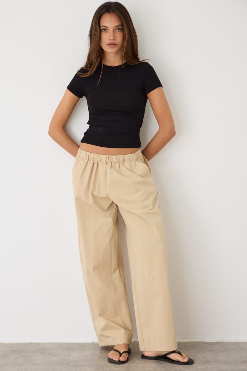 Beige Wide Leg Pants Mid Rise Elastic Waist for Ally Fashion