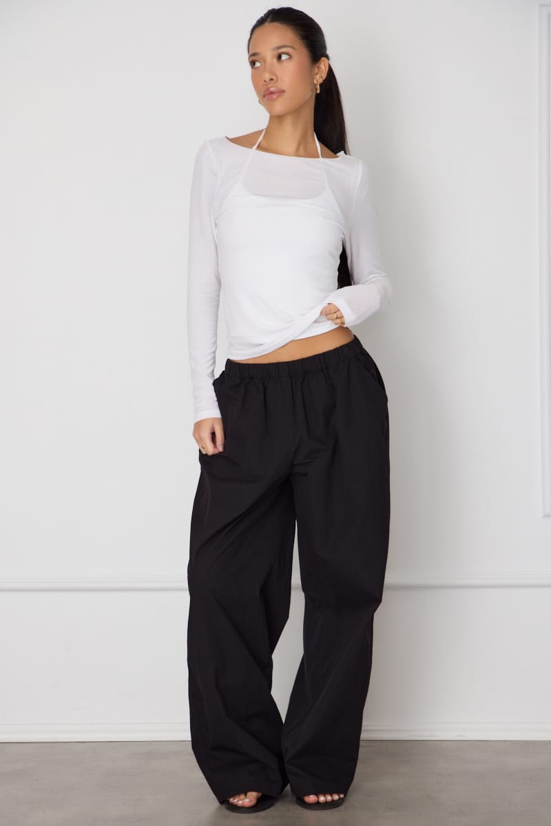 Black Wide Leg Pants Mid Rise Elastic Waist for Ally Fashion