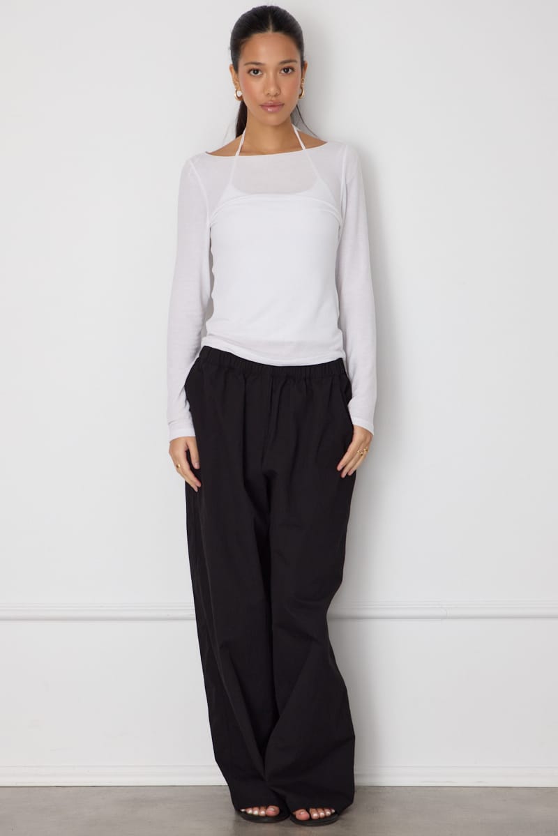 Black Wide Leg Pants Mid Rise Elastic Waist for Ally Fashion