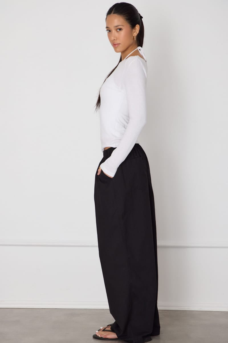 Black Wide Leg Pants Mid Rise Elastic Waist for Ally Fashion