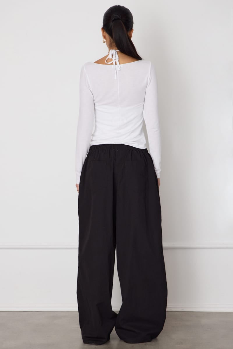 Black Wide Leg Pants Mid Rise Elastic Waist for Ally Fashion