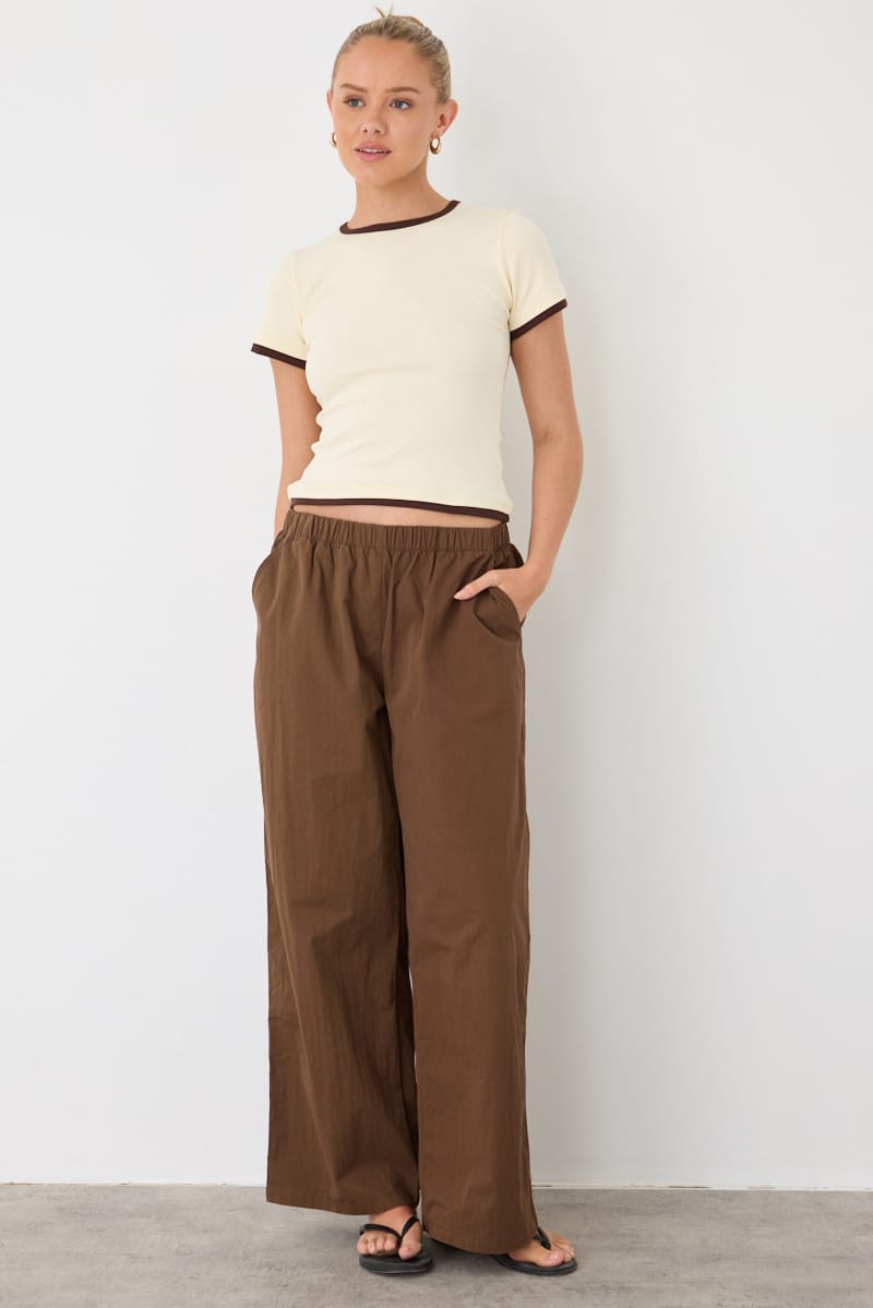 Brown Wide Leg Pants Mid Rise Elastic Waist for Ally Fashion