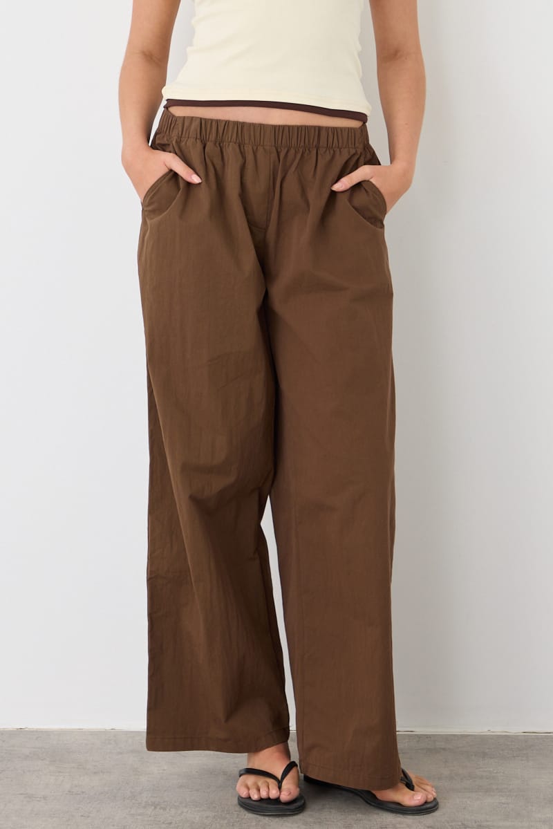 Brown Wide Leg Pants Mid Rise Elastic Waist for Ally Fashion