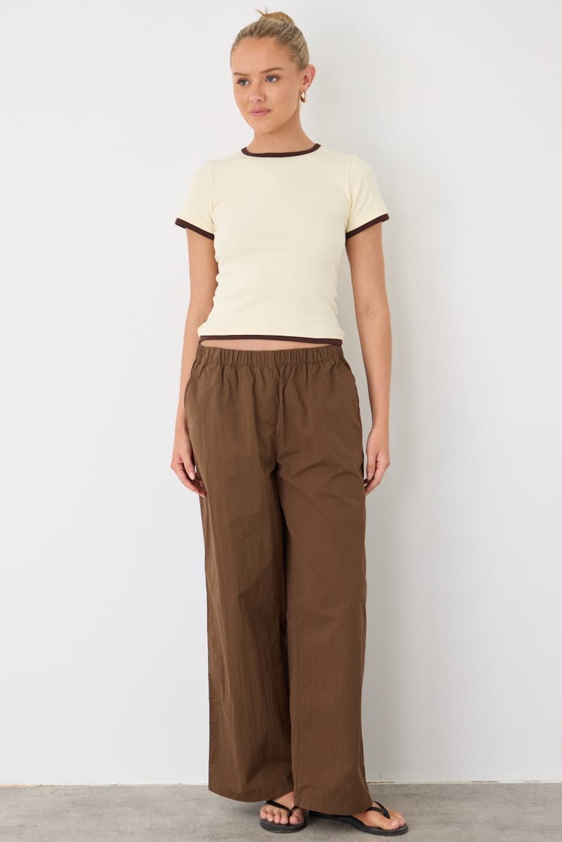 Brown Wide Leg Pants Mid Rise Elastic Waist for Ally Fashion