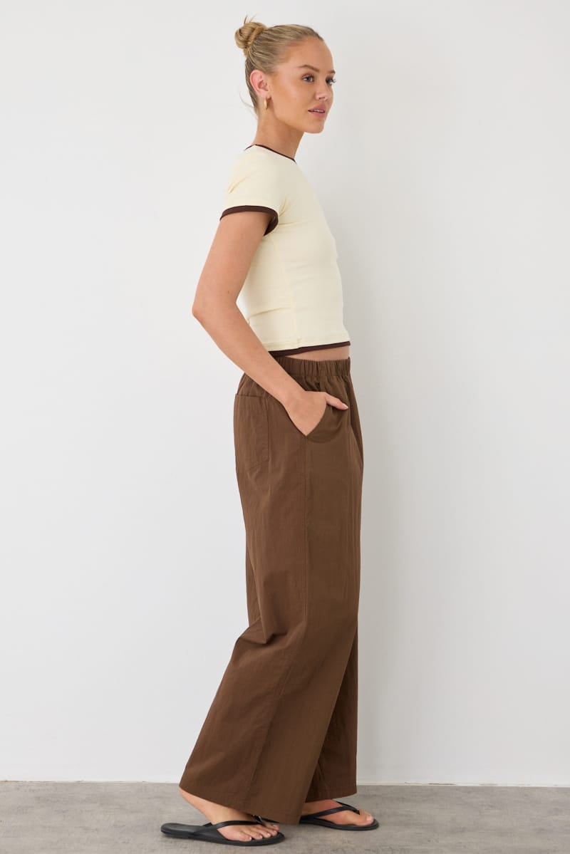 Brown Wide Leg Pants Mid Rise Elastic Waist for Ally Fashion