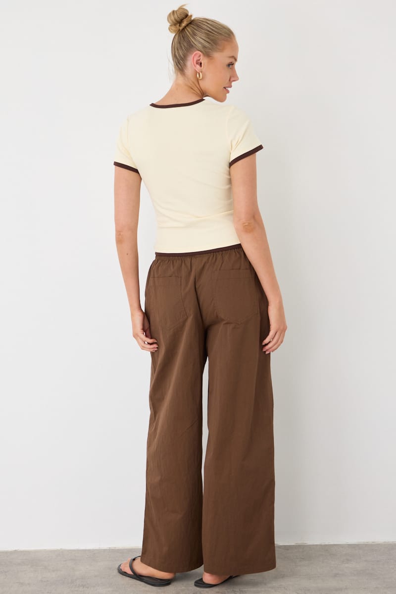Brown Wide Leg Pants Mid Rise Elastic Waist for Ally Fashion