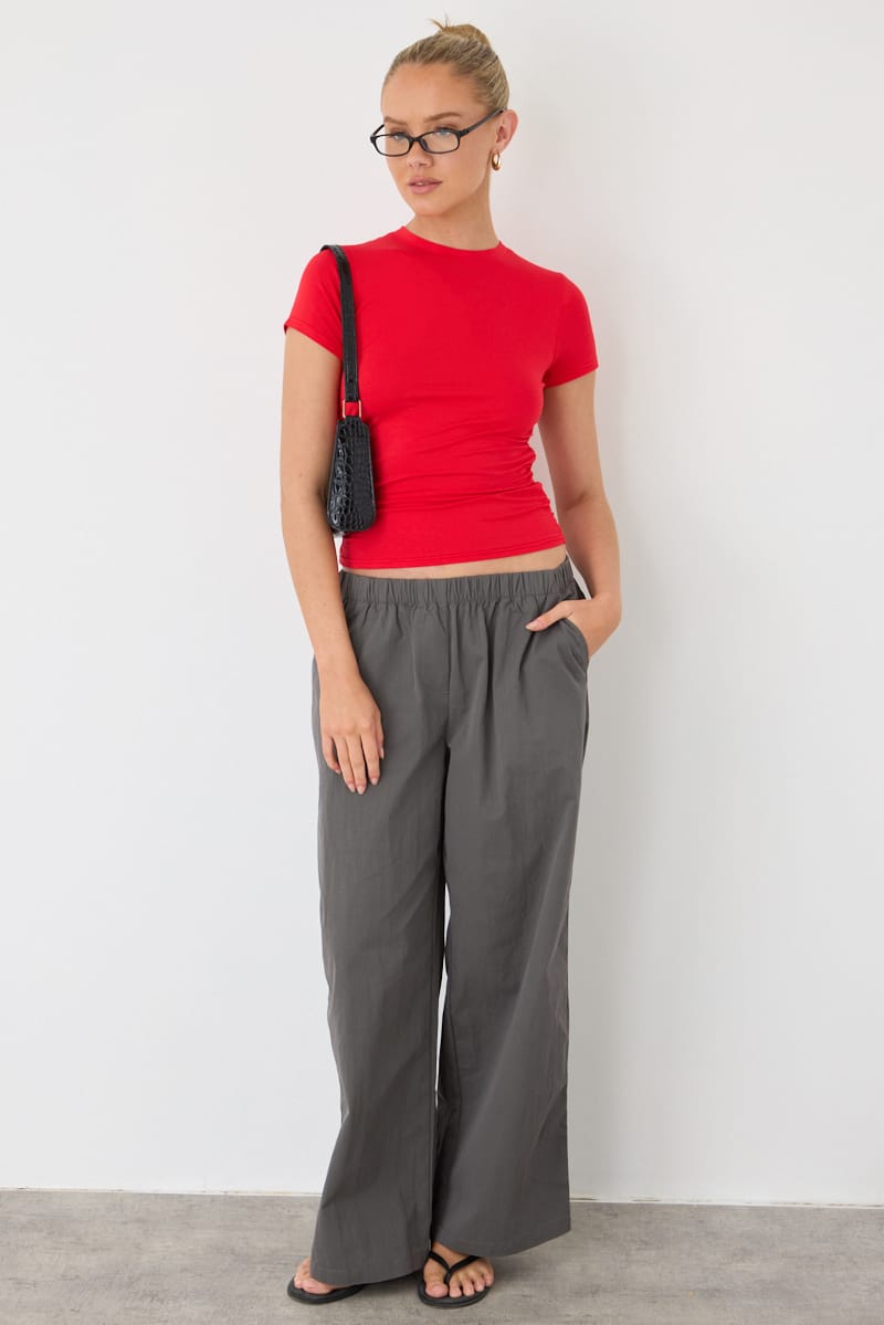 Grey Wide Leg Pants Mid Rise Elastic Waist for Ally Fashion