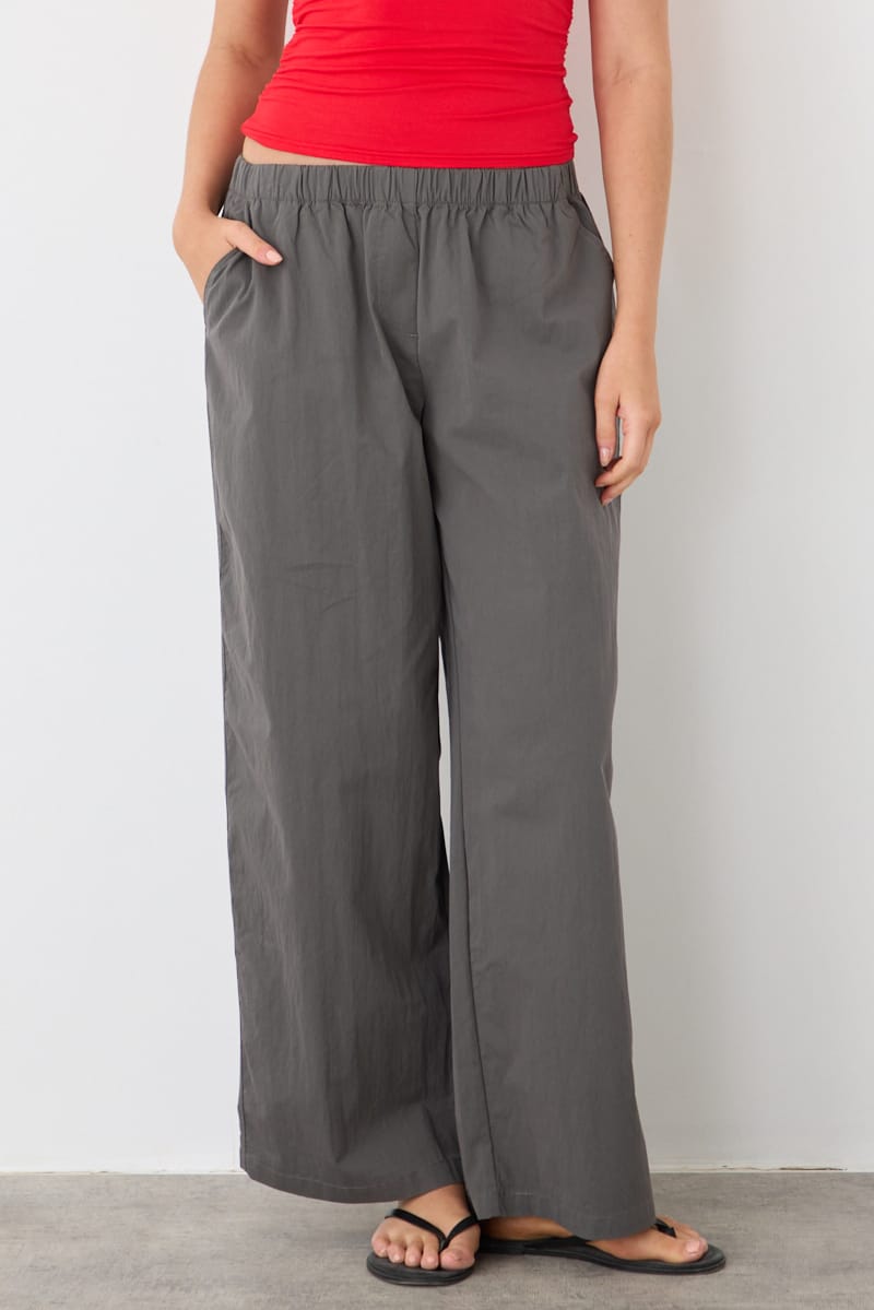 Grey Wide Leg Pants Mid Rise Elastic Waist for Ally Fashion