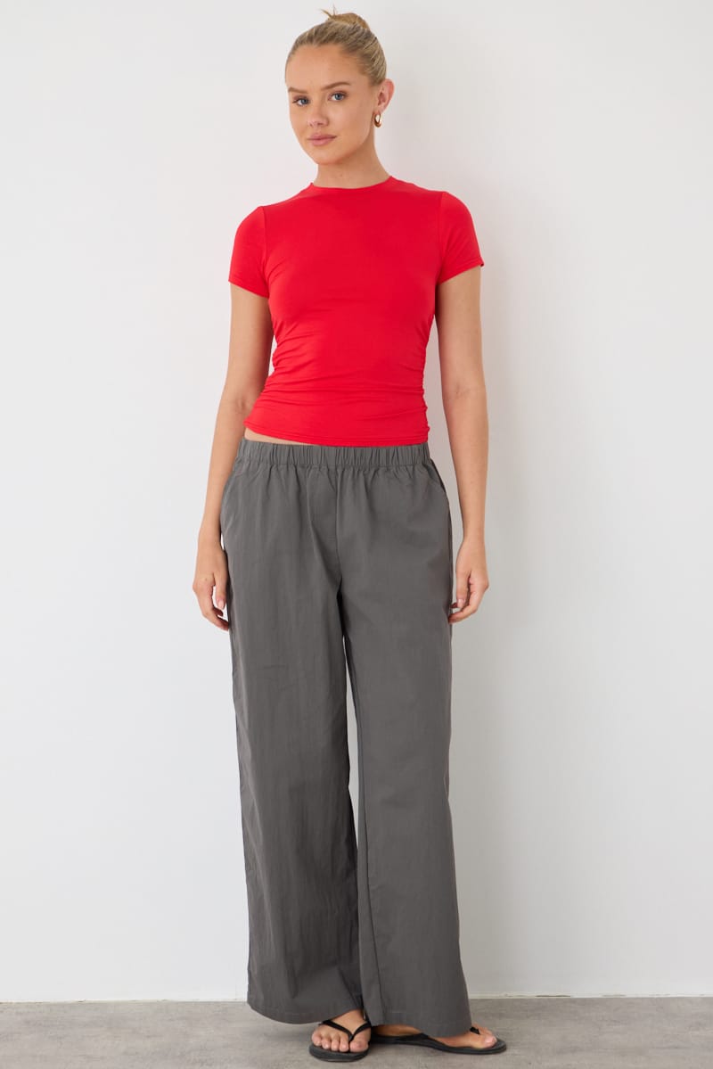 Grey Wide Leg Pants Mid Rise Elastic Waist for Ally Fashion