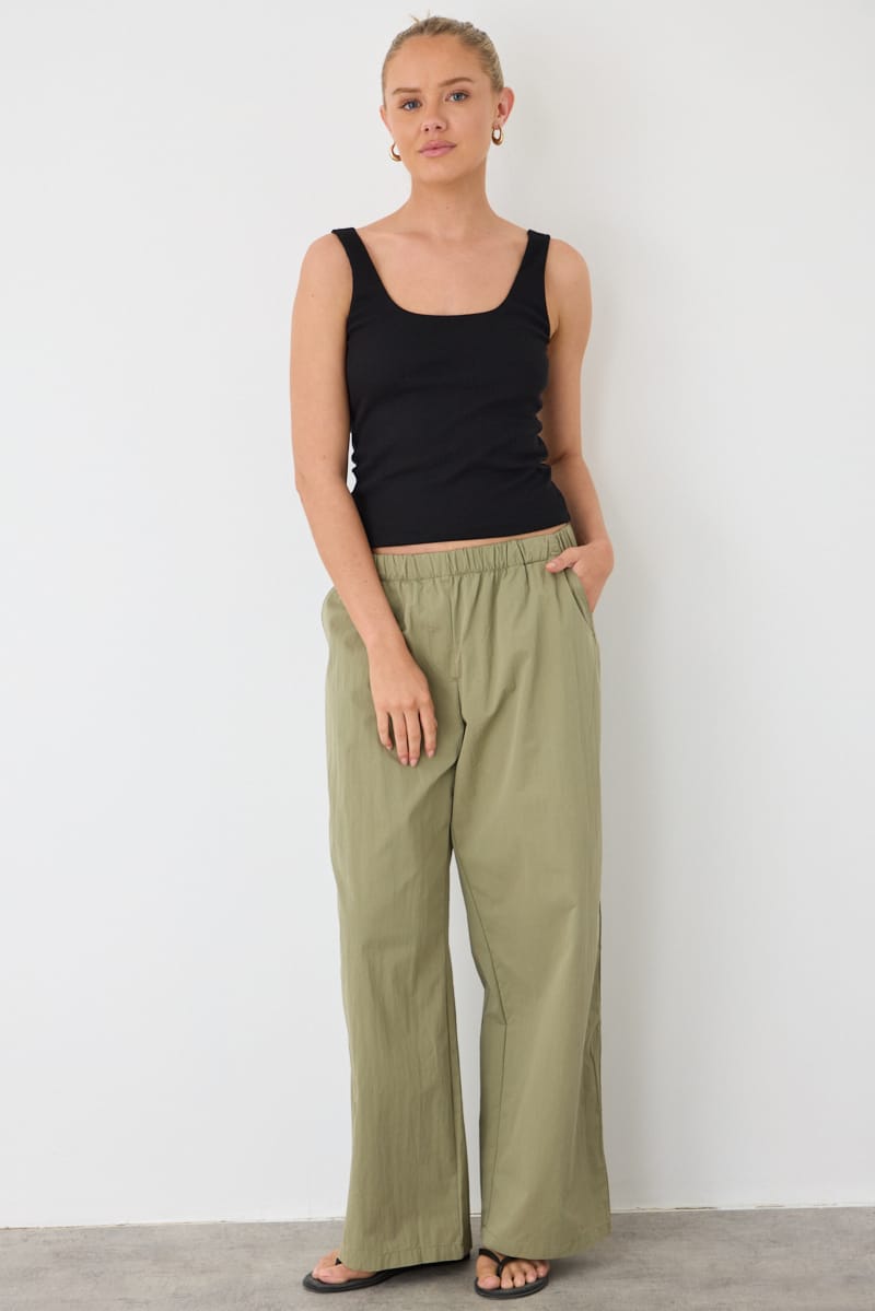 Green Elastic Wide Leg Pants for Ally Fashion