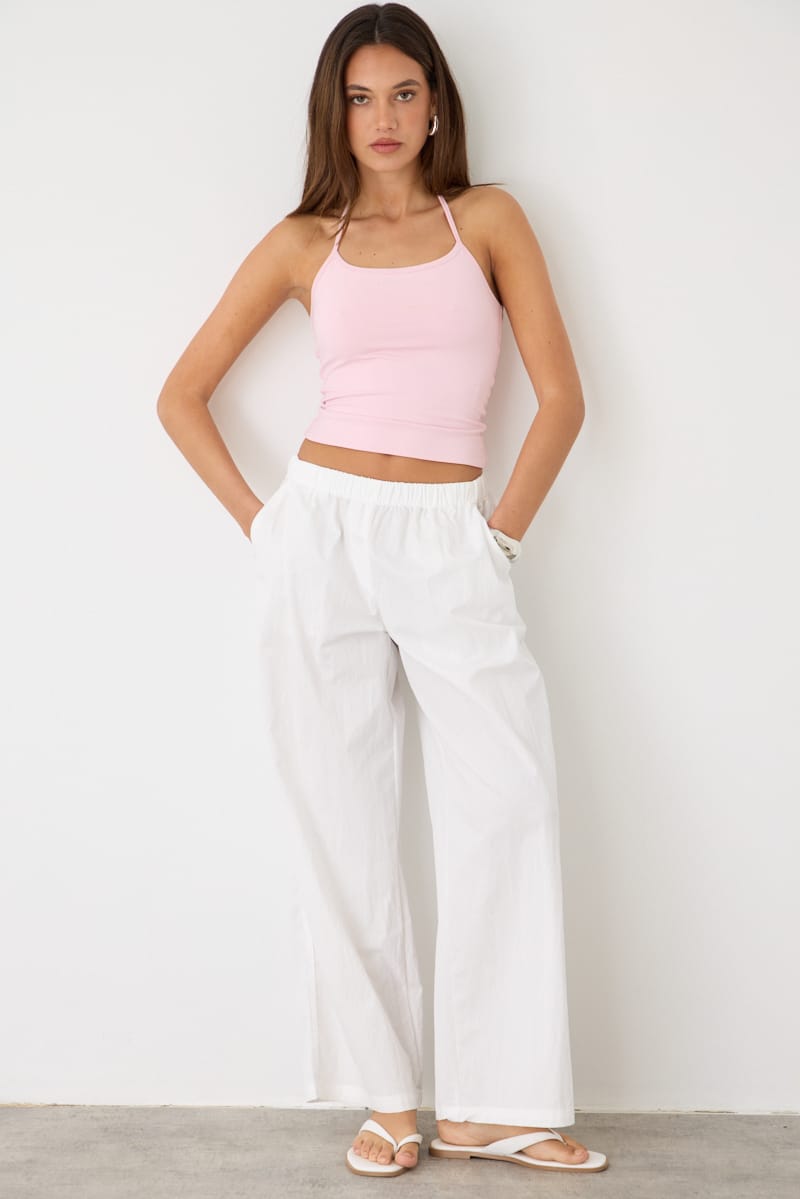 White Wide Leg Pants Mid Rise Elastic Waist for Ally Fashion