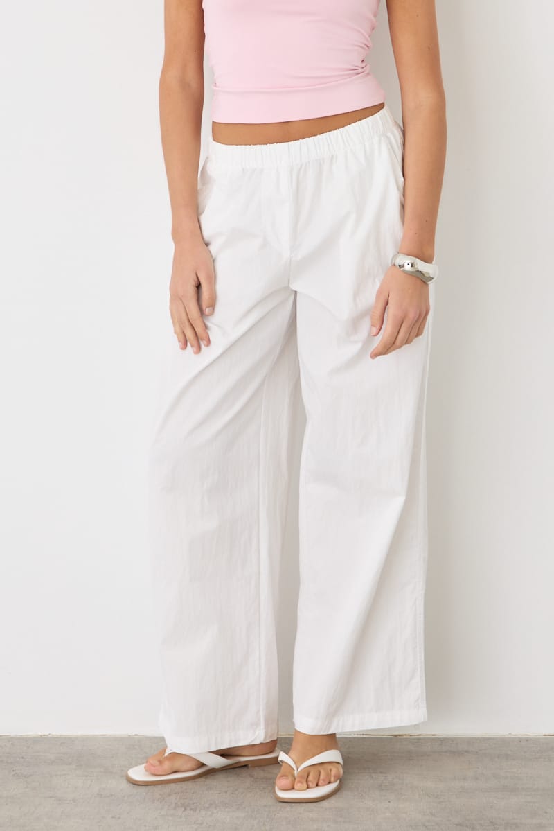 White Wide Leg Pants Mid Rise Elastic Waist for Ally Fashion