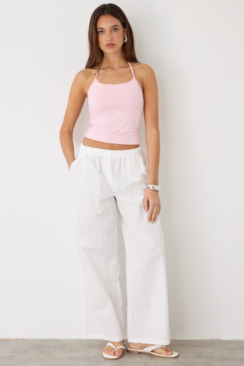 White Wide Leg Pants Mid Rise Elastic Waist for Ally Fashion