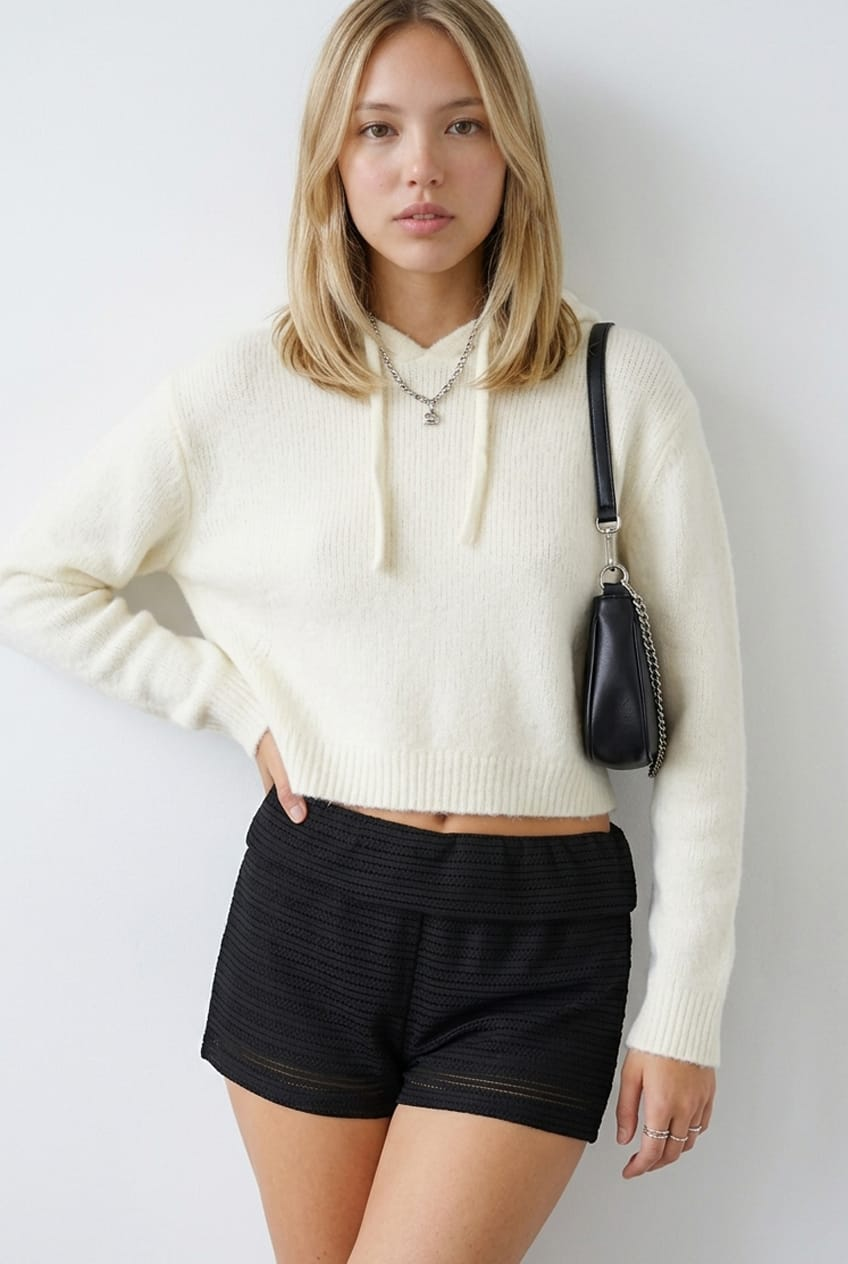 Black Textured Knit Shorts for Ally Fashion