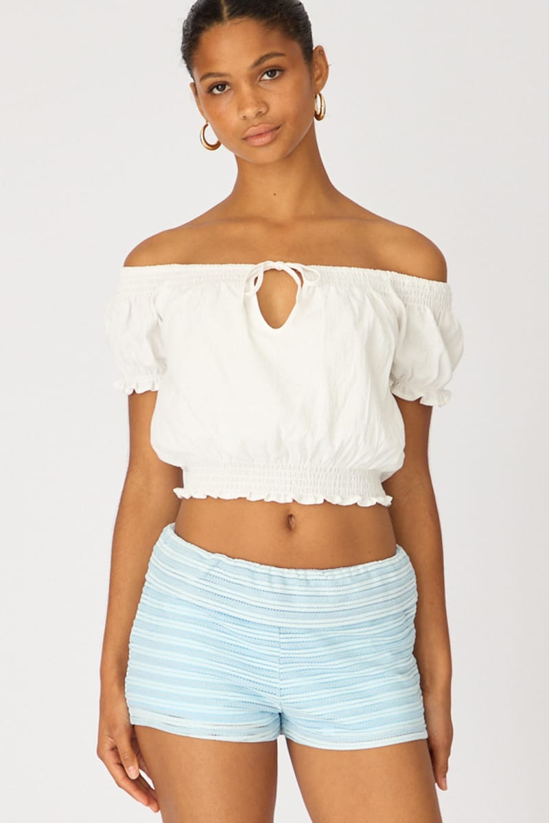 Blue Stripe Textured Knit Shorts for Ally Fashion