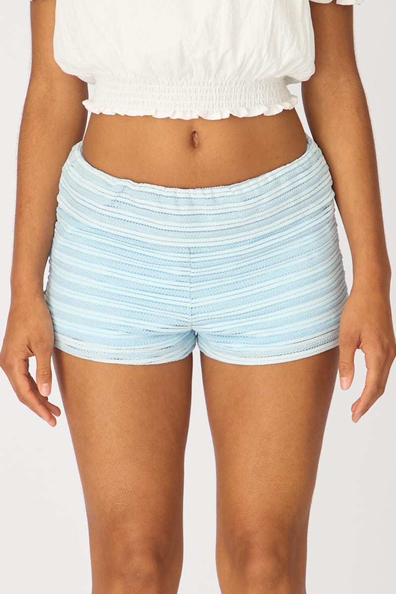 Blue Stripe Textured Knit Shorts for Ally Fashion