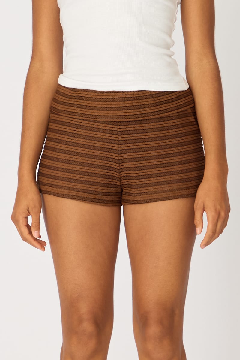 Brown Stripe Textured Knit Shorts for Ally Fashion