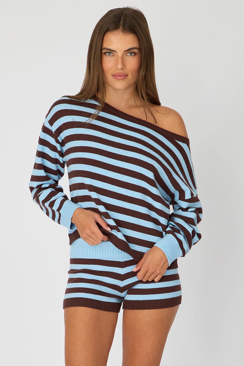 Multi Stripe Knit Shorts Folded Waist for Ally Fashion